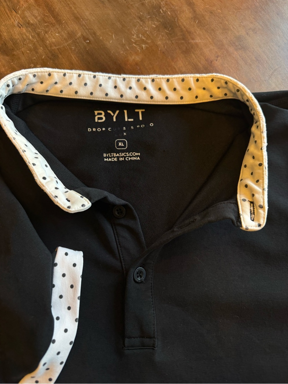 BYLT Basics Black Polo with White Polka Dot Trim